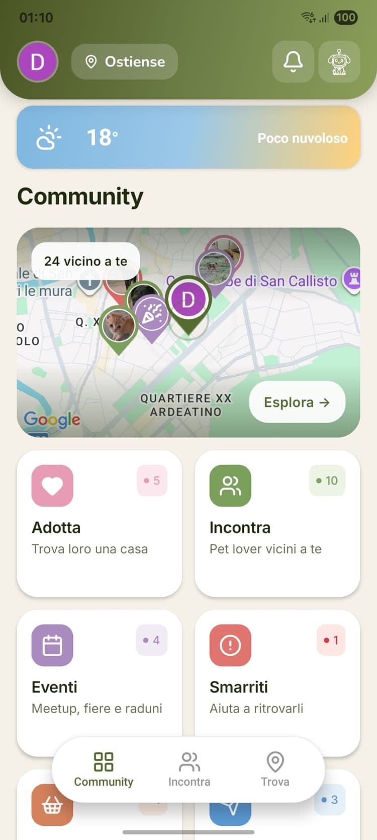 Schermata Community di PetDistrict con incontri, adozioni, eventi e annunci di quartiere