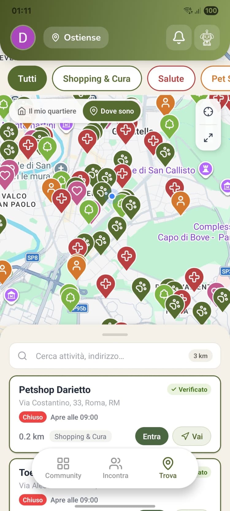 Schermata Trova con la mappa di negozi, vet e pet sitter vicini