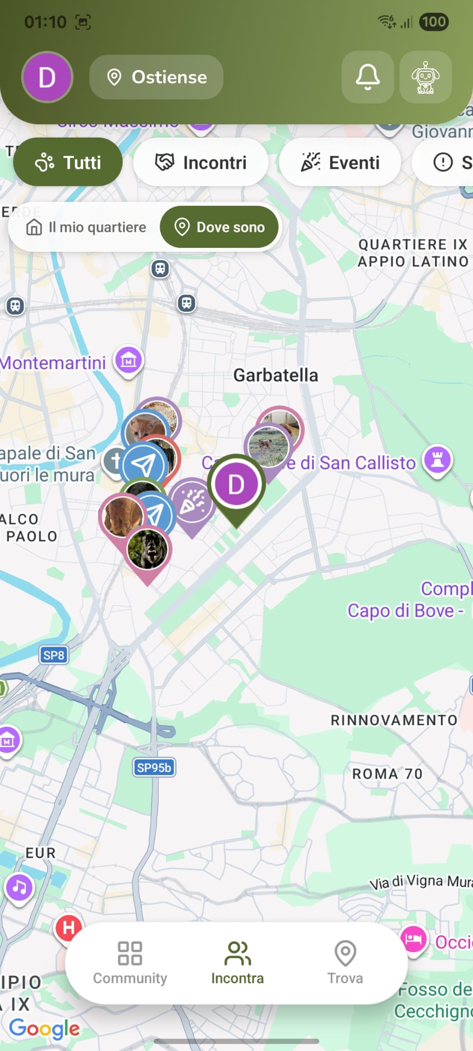 Schermata Incontri con la mappa degli incontri tra pet