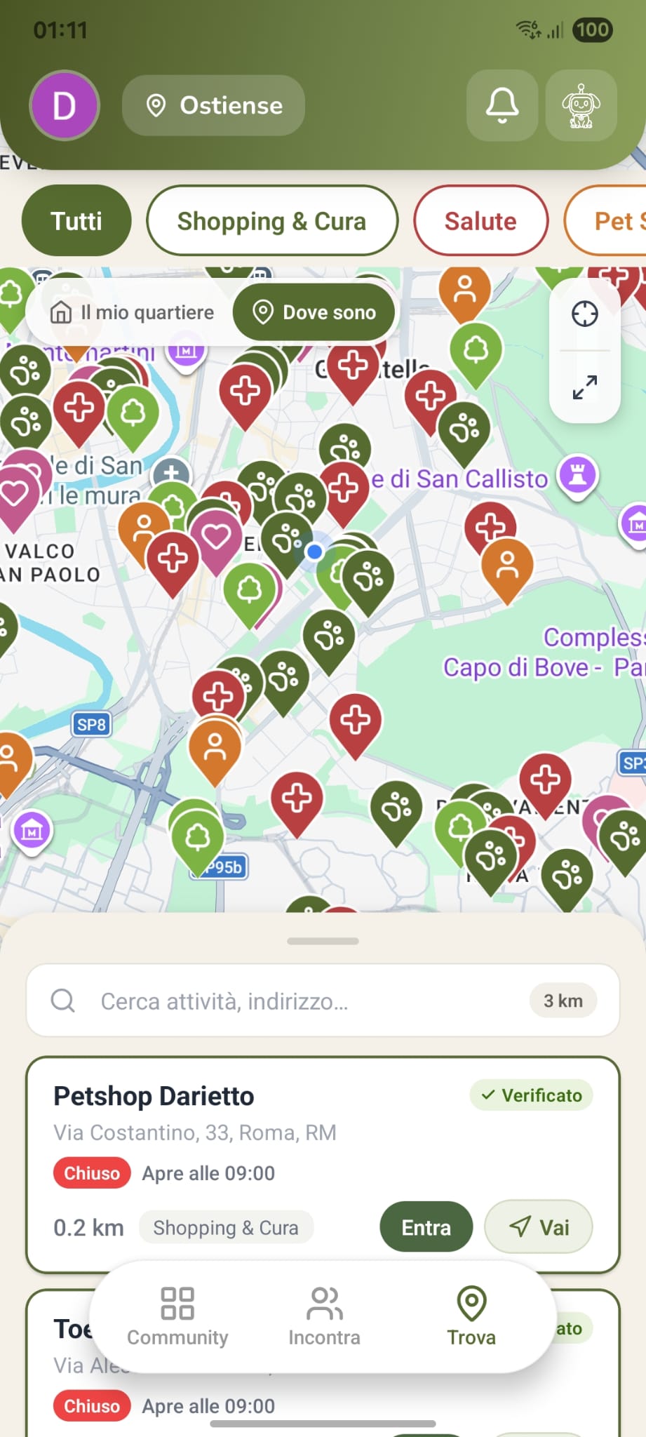 Schermata Trova con la mappa di negozi, vet e pet sitter vicini